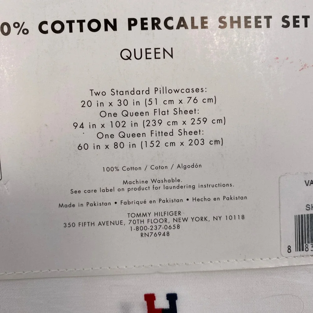 Tommy Hilfiger Sheet Set Queen White Varsity H Logo Percale Cotton Preppy Decor